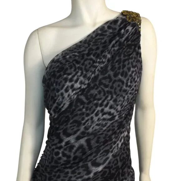 TADASHI SHOJI Evening Dress, XL, Grey Animal Print, Jeweled One Shoulder, Ruched - Picture 3 of 15